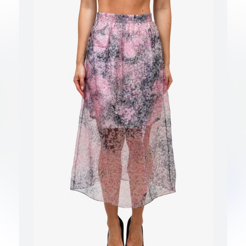 Carven Silk Organza Floral Layered Midi Skirt Pink